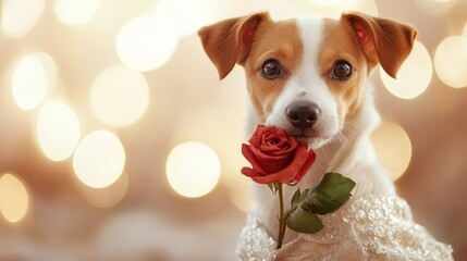 A chic dog in a bridal gown, holding a rose in its mouth, representing love and grace on Valentine's Day