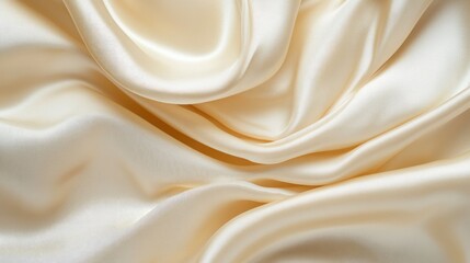 Close-up of cream-colored satin fabric with soft folds and shimmering texture, ideal for luxury fashion backgrounds