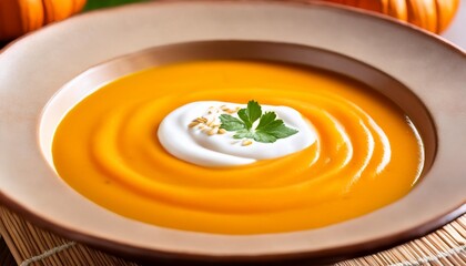 bowl of pumpkin soup with cream