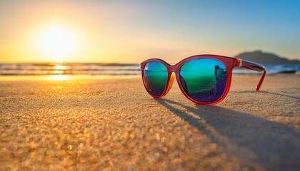 colorful sunglasses resting on sandy beach at sunset