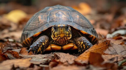 A turtle emerging from its shell with curious eyes, on a forest floor covered in leaves