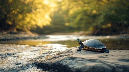 A turtle sunbathing on a rock next to a flowing river, with trees in the background