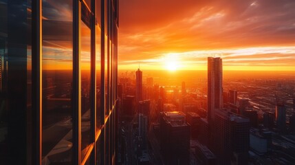 Skyline view from the top of a tall observation tower, with a panoramic cityscape and distant horizon at sunset