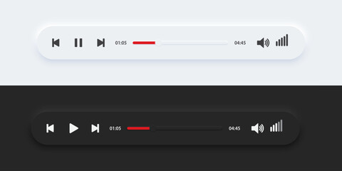 Media music player interface bar dark and day mode. Audio player bar for songs or podcast playlists. Neumorphism style, UI UX design for app and web, Vector illustration.