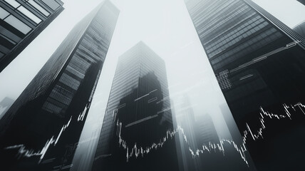 financial center city of skyscrapers with economic hologram analysis, business charts and market values.