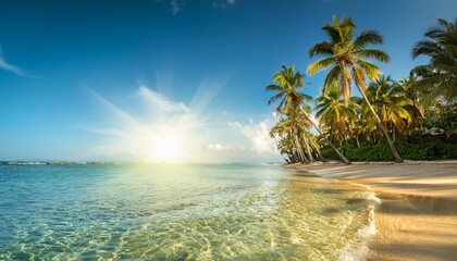 Wall Mural - tropical beach with clear water and palm trees in the afternoon sun