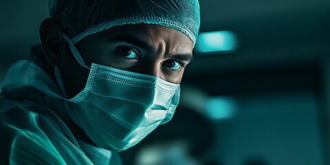 A focused medical professional gazes directly at the camera. The image showcases an intense moment in a healthcare environment. The style is dramatic and sharp, perfect for conveying urgency. AI