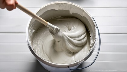 stirring putty in the bucket