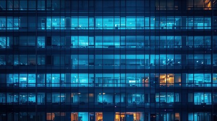 Wall Mural - A building with many windows and a blue tint. The windows are lit up and the building looks like it is at night