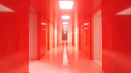 Aufkleber - Bright Red Corridor With Glowing Lights Leading to an Unknown Destination at an Abstract Location