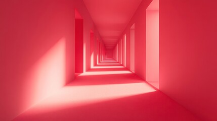 Poster - Long Corridor Illuminated With Vibrant Red Light Creates a Striking Optical Illusion