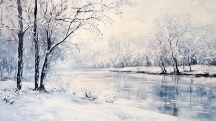 Poster - Tranquil Winter Landscape Showcasing a Serene River and Snow-Covered Trees at Dawn