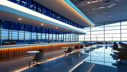 Wall Mural - Contemporary airport lounge featuring a spacious window, vibrant blue and white lighting, stylish tables and chairs, and a sleek bar area