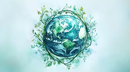 Wall Mural - Watercolor Globe Entwined with Lush Green Vines Representing Global Sustainability