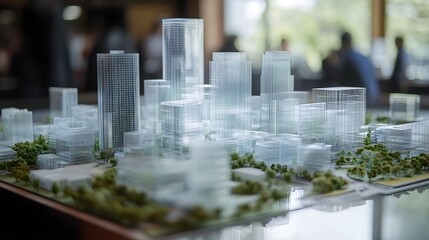 Poster - futuristic 3d model of a modern cityscape featuring towering skyscrapers,sleek glass buildings,and a