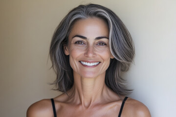 Smiling woman with long gray hair poses against a neutral background, radiating joy and confidence in natural light