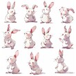 © Irinka Dimkovna - Character design sheet of many poses for a simplified child-like drawing rabbit in style of mininalistic watercolor.