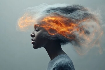 Poster - Woman with fiery hair floating in the wind symbolizing powerful thoughts creativity and imagination in a surreal abstract depiction