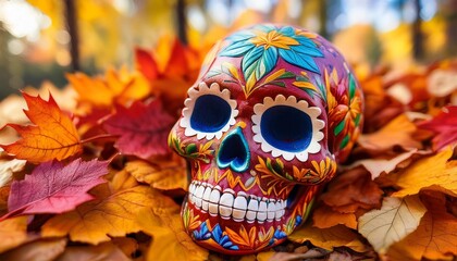 a colorful decorative skull surrounded by autumn leaves depicting cultural traditions in a natural setting