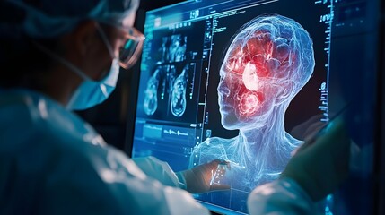 Poster - Innovative digital twin technology showcasing a 3D visualization of the human brain for enhanced medical diagnosis,treatment planning,and scientific research.