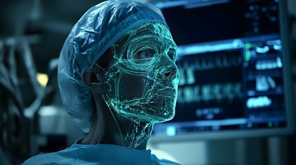 Poster - Futuristic digital avatar portrait of a bionic cyborg head with glowing green eye in a cyberpunk-inspired high-tech aesthetic. The character features a wire mesh structure,geometric shapes.