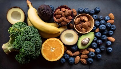 Wall Mural - a variety of healthy foods including bananas broccoli almonds avocados and blueberries are artfully arranged highlighting their vibrant colors and textures against a dark textured backdrop