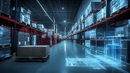 Poster - futuristic automated warehouse interior featuring a high-tech digital shelving and inventory managem