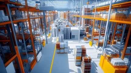 Poster - a photograph showcasing the organized and automated interior of a modern warehouse facility,highligh