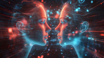 Poster - a digital depicting two virtual avatars,or digital twins,aiding and supporting each other in a futur