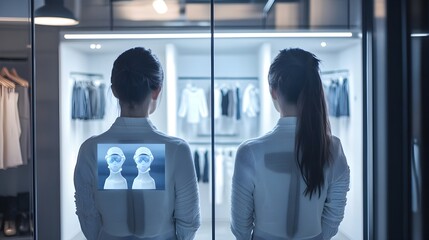 A photograph depicting a virtual twin or digital assistant collaborating with a person in a high-tech,modern retail environment. The virtual twin is shown as a mirrored reflection.