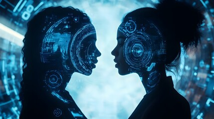 Poster - Futuristic virtual twin concept featuring a digital avatar with a neon-infused,glowing interface. This innovative and visionary explores the convergence of technology,human-machine interaction.