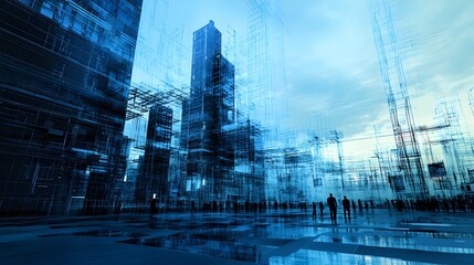 Poster - futuristic urban landscape featuring a dynamic cityscape of towering glass and steel skyscrapers,wit