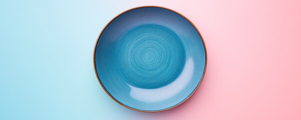 Poster - Blue ceramic plate on pastel background, minimalistic design. Kitchenware and dining concept