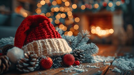 Wall Mural - A red and white hat with a white band sits on a table with pine needles