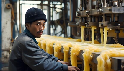 Wall Mural - Machine Operator Portrait in Synthetic Material Extrusion and Forming Process