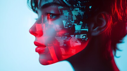 Poster - Mesmerizing Virtual Twin Representation in Surreal Glitch Art Portrayal - An abstract digital image showcasing a captivating face with distorted,glitchy elements and vibrant neon colors.