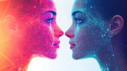 Poster - Glowing neon digital profiles of two futuristic avatars or characters in a virtual connection or network. The abstract,vibrant and sci-fi inspired image showcases a concept of digital identity.
