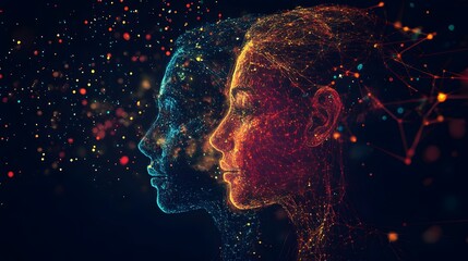 Poster - dual virtual avatars or digital personas visualizing a futuristic,abstract and cyberpunk-inspired di