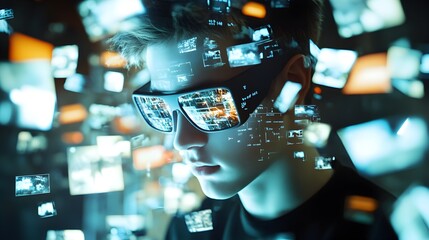 Poster - A visually captivating digital visualization showcasing a futuristic virtual twin avatar fully immersed in a highly advanced,interconnected technological landscape.