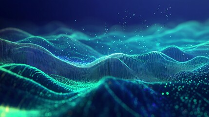 Poster - Futuristic Teal and Green Digital Waves with Particle Glow