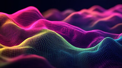 Poster - Neon Pink and Yellow Digital Waves with Mesh Grid
