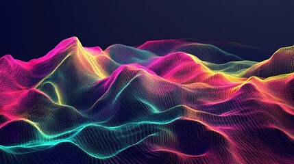 Poster - Neon Pink and Yellow Digital Waves with Mesh Grid
