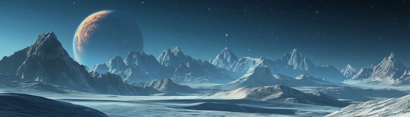 A stunning alien landscape featuring towering mountains and a distant planet under a starry sky, evoking a sense of wonder.