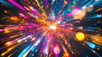 Abstract light burst resembling fireworks with colorful, trailing sparks.