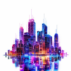 city skyline skyscrapers buildings lights urban night futuristic reflection neon modern downtown architecture illustration vibrant colorful metropolis digital art 