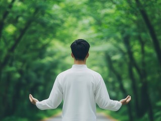 A person practicing Tai Chi under a canopy of trees, with soft light filtering through the leaves Tai Chi, forest, tree interaction