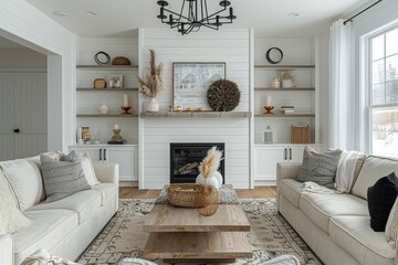 Modern farmhouse living room with white fireplace wall, black chandelier above coffee table, clean lines, soft neutral colors, light wood accents, natural elements, stylish storage shelves, Instagram-