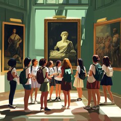 A group of young women are viewing art in a museum gallery.