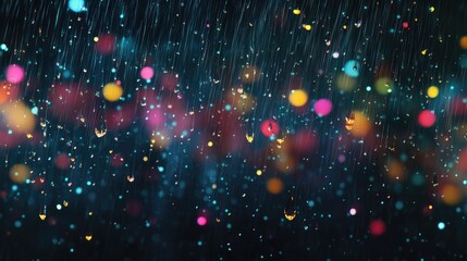 Wall Mural - Abstract rain of colorful digital droplets falling through a dark sky.