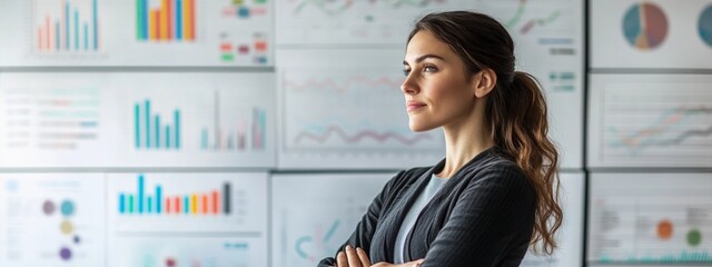 A businesswoman stands in front of a whiteboard filled with charts and data, thoughtfully analyzing business metrics for strategic insights.
